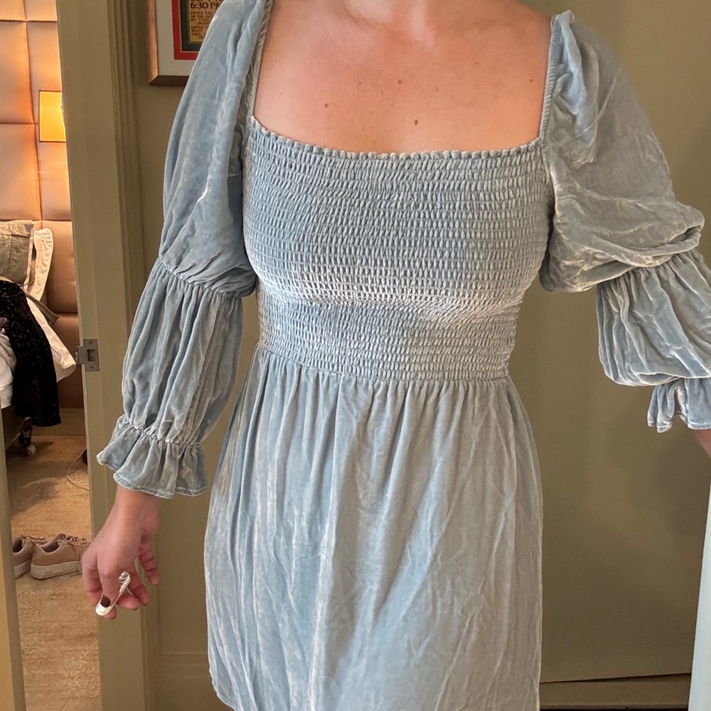 Reformation Velvet Smocked Dress in Light Blue